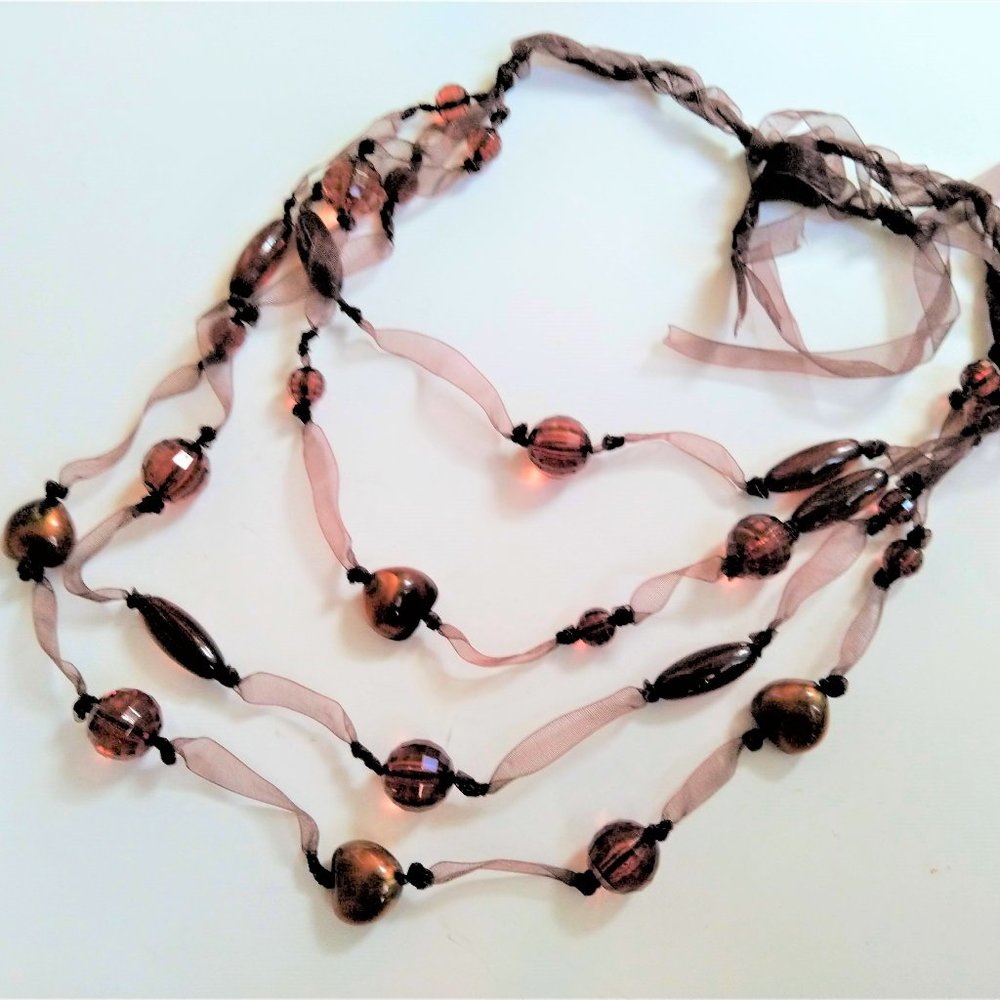 Gold Brown Ribbon Necklace Bead Multi Layer France NTW